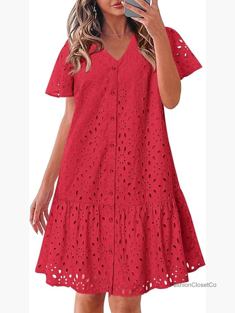 Women's Eyelet Babydoll Dress Short Sleeve Button Down Loose Mini Sundress